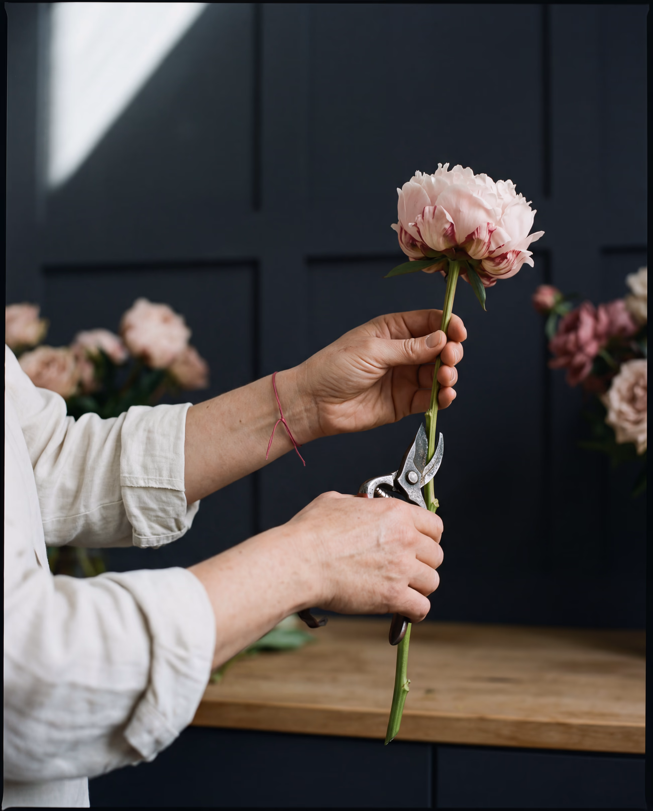 Sabinas Hände binden eine Pfingstrose — Atelier Glamelia