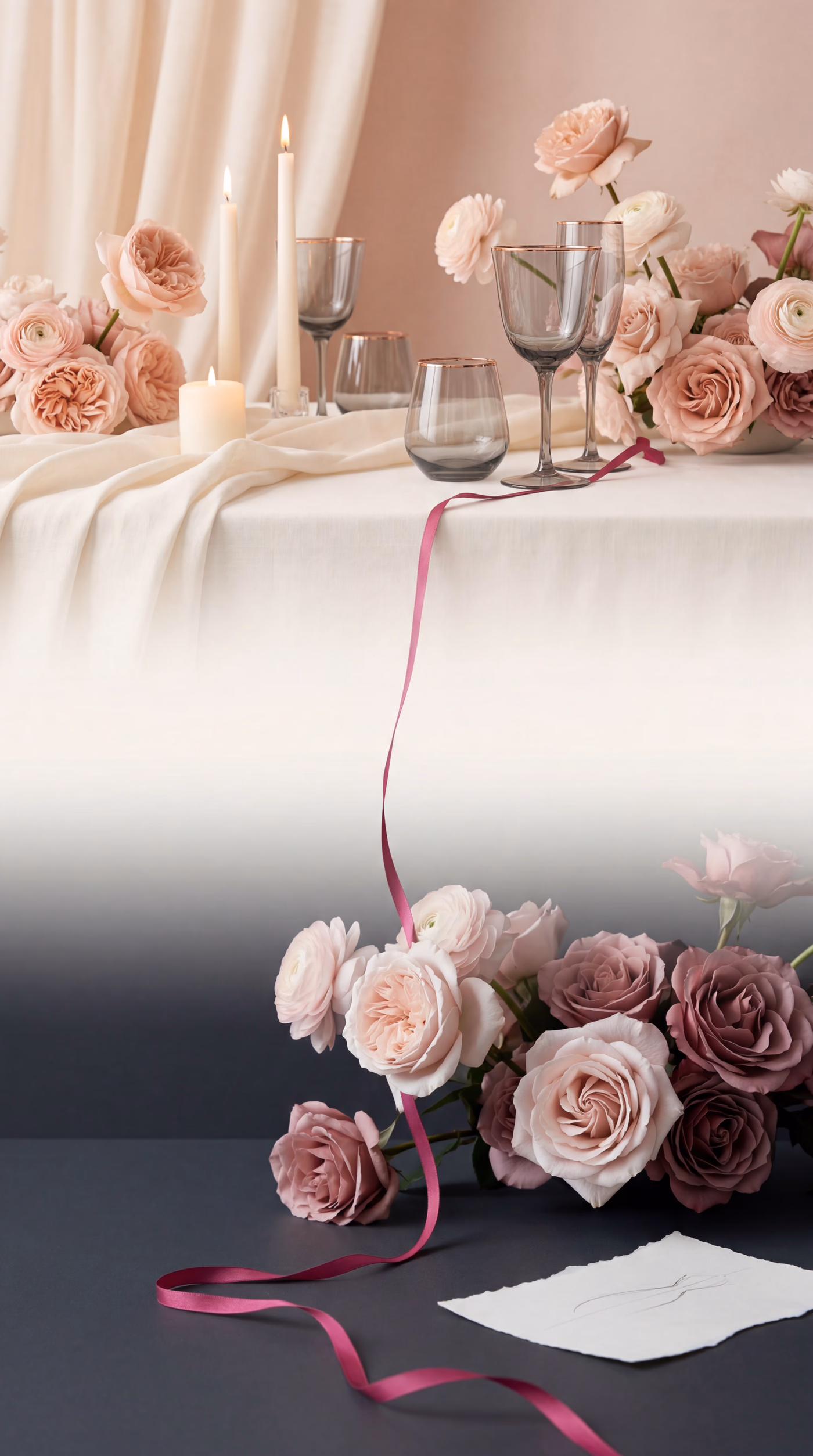 Tafel im Übergang von Sabinas warmer Hochzeitswelt zu ihrem floralen Atelier Glamelia — Blush-Rosen und ein Fuchsia-Seidenband
